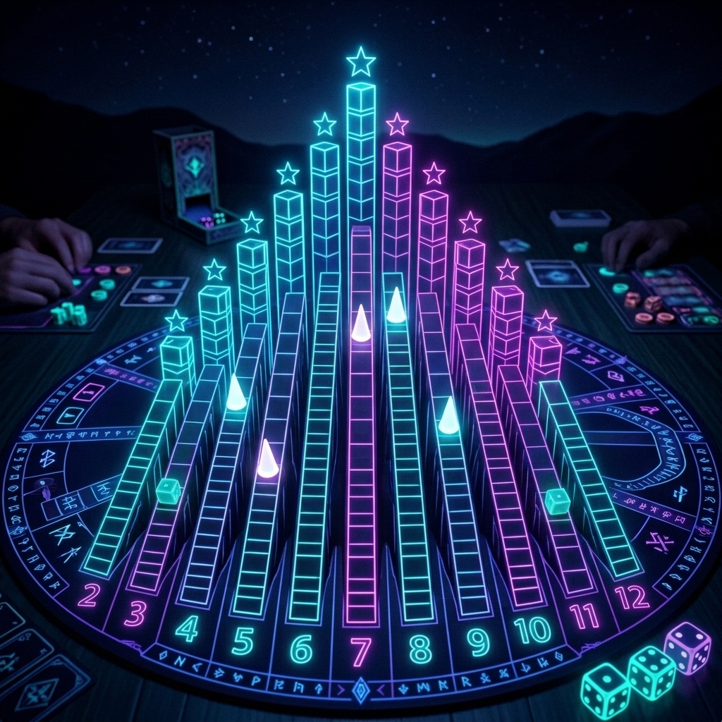 A glowing neon mountain peak board game grid with eleven vertical columns