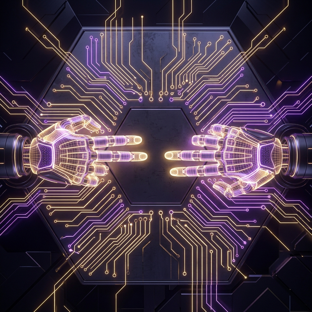 Two glowing neon hands facing each other with electric fingers representing energy vectors
