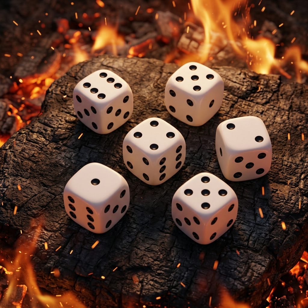 Six glowing dice rolling through amber fires on dark metal