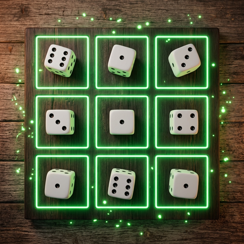 A 3x3 wooden and neon grid board with stacked matching dice