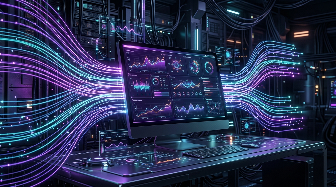 Glowing neon data streams flowing into a futuristic server monitor showing charts and logs