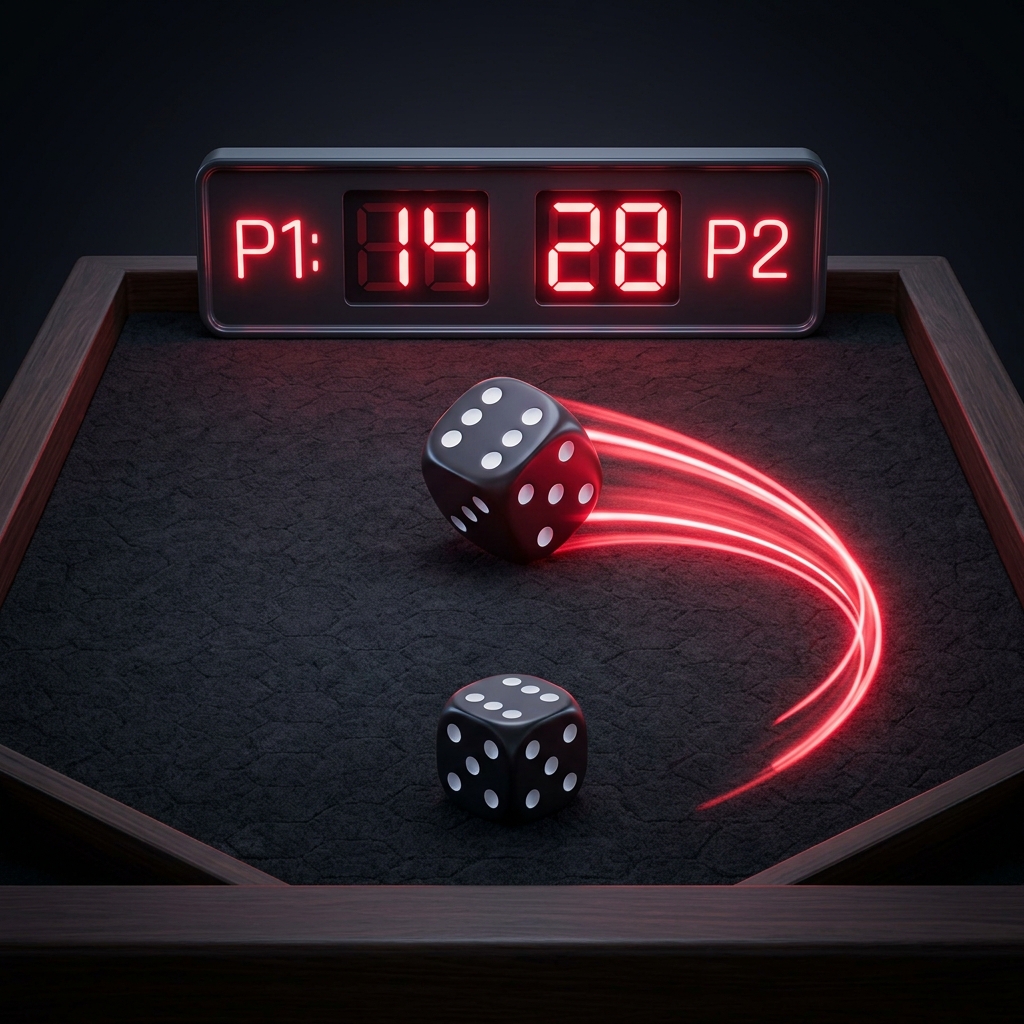 A single glowing red die rolling on a dark felt tabletop scoreboard