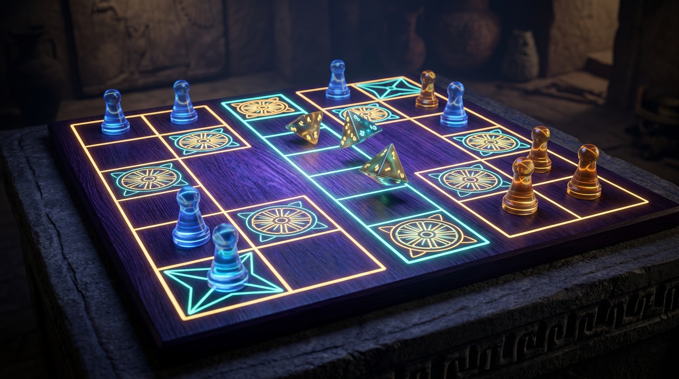 Ancient Mesopotamian board design with glowing neon rosettes and pyramidal dice