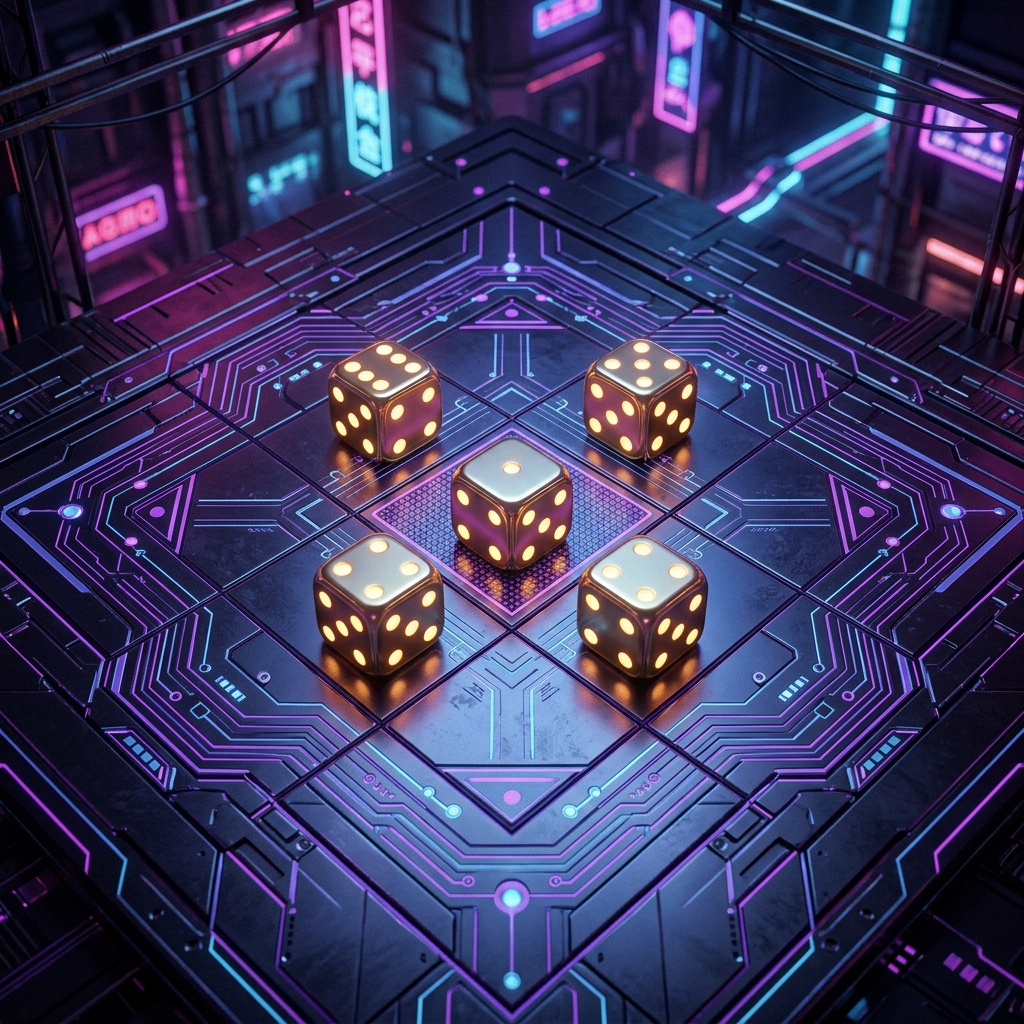 Five glowing gold dice settling on a futuristic digital grid scorecard